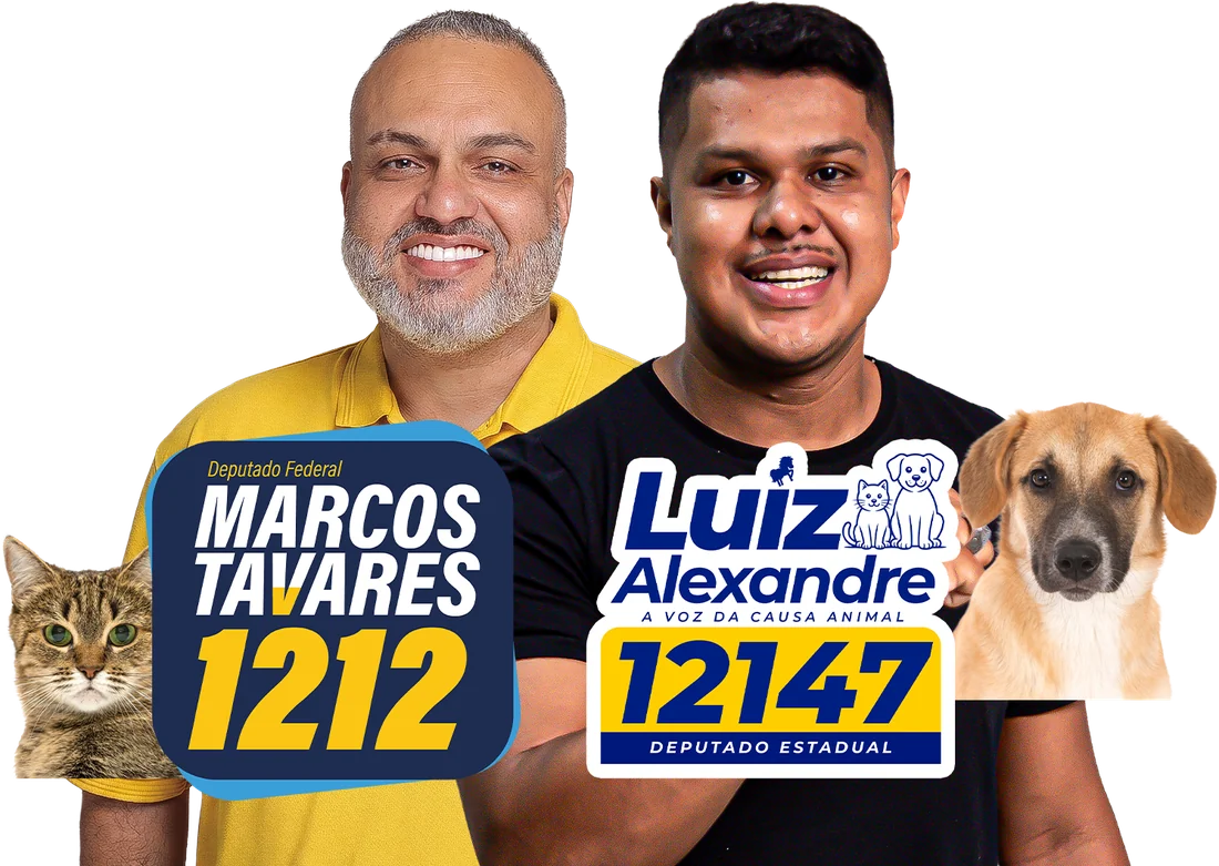 Luiz Alexandre e Marcos Tavares, candidatos pela causa animal, ao lado de um cão e um gato resgatados